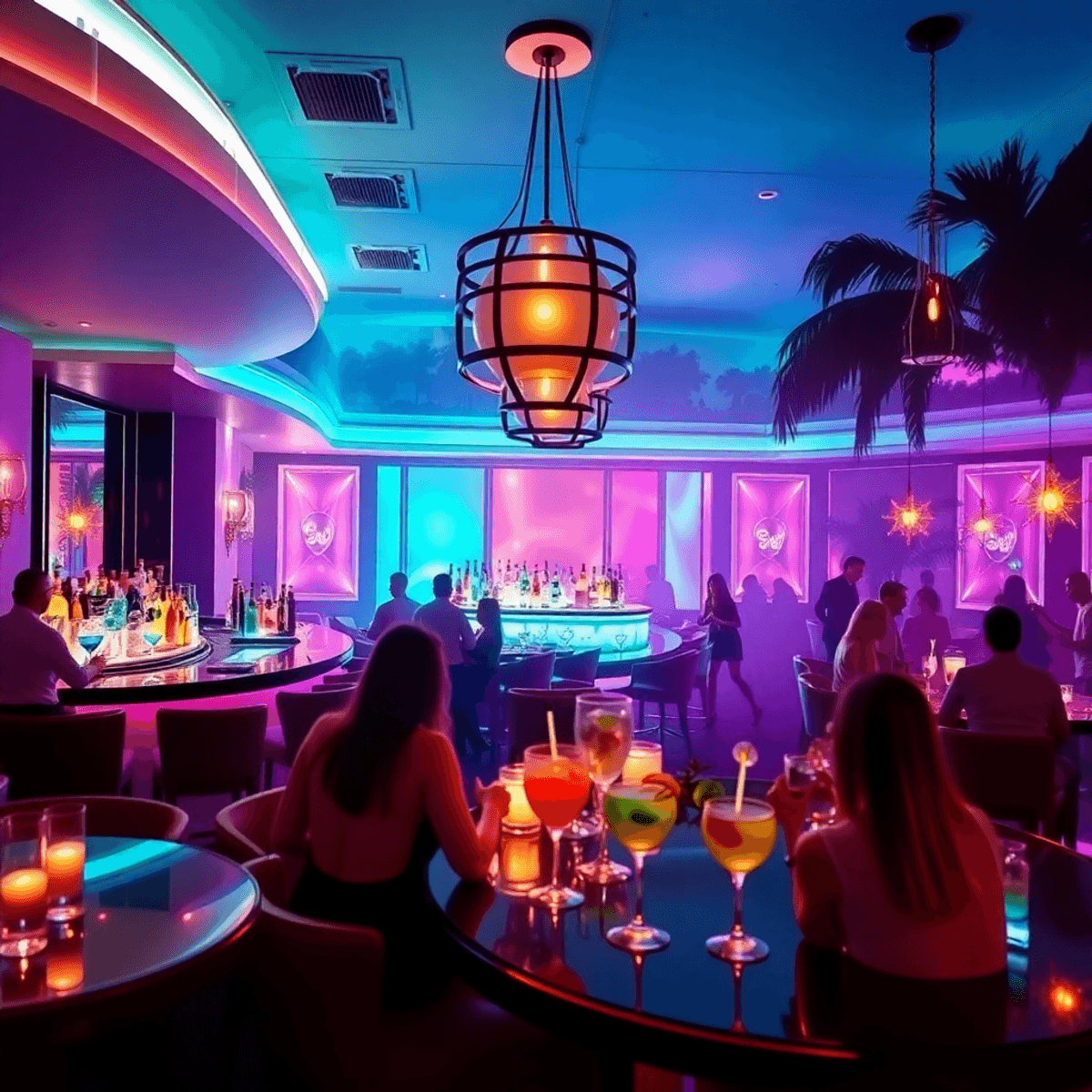 A lively bar scene at Fontainebleau Miami Beach, showcasing colorful cocktails, soft lighting, and elegant decor, creating an exciting and romantic...