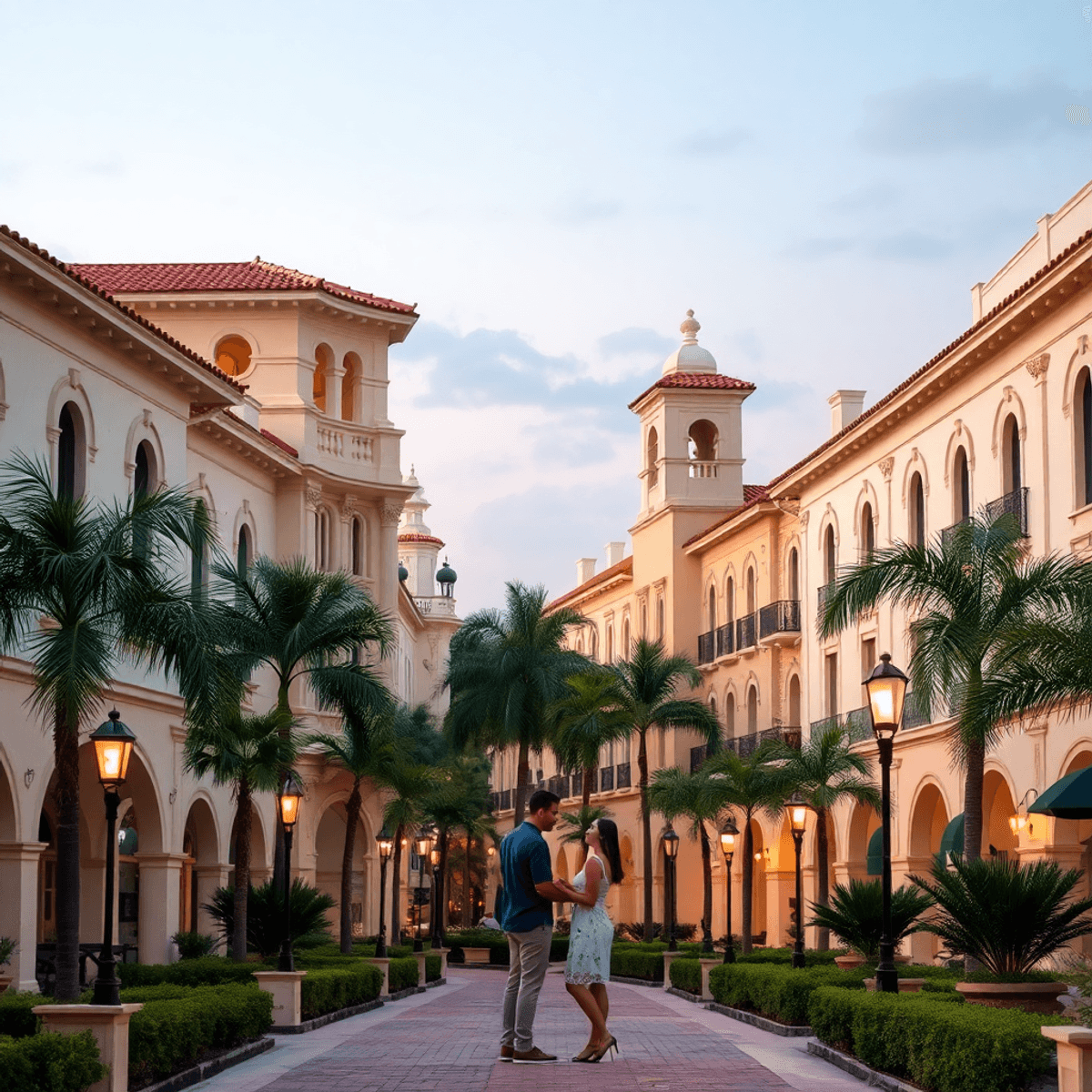 A scenic view of Coral Gables, Florida, featuring Mediterranean-style buildings and palm trees, bathed in soft lighting for a romantic, inviting at...