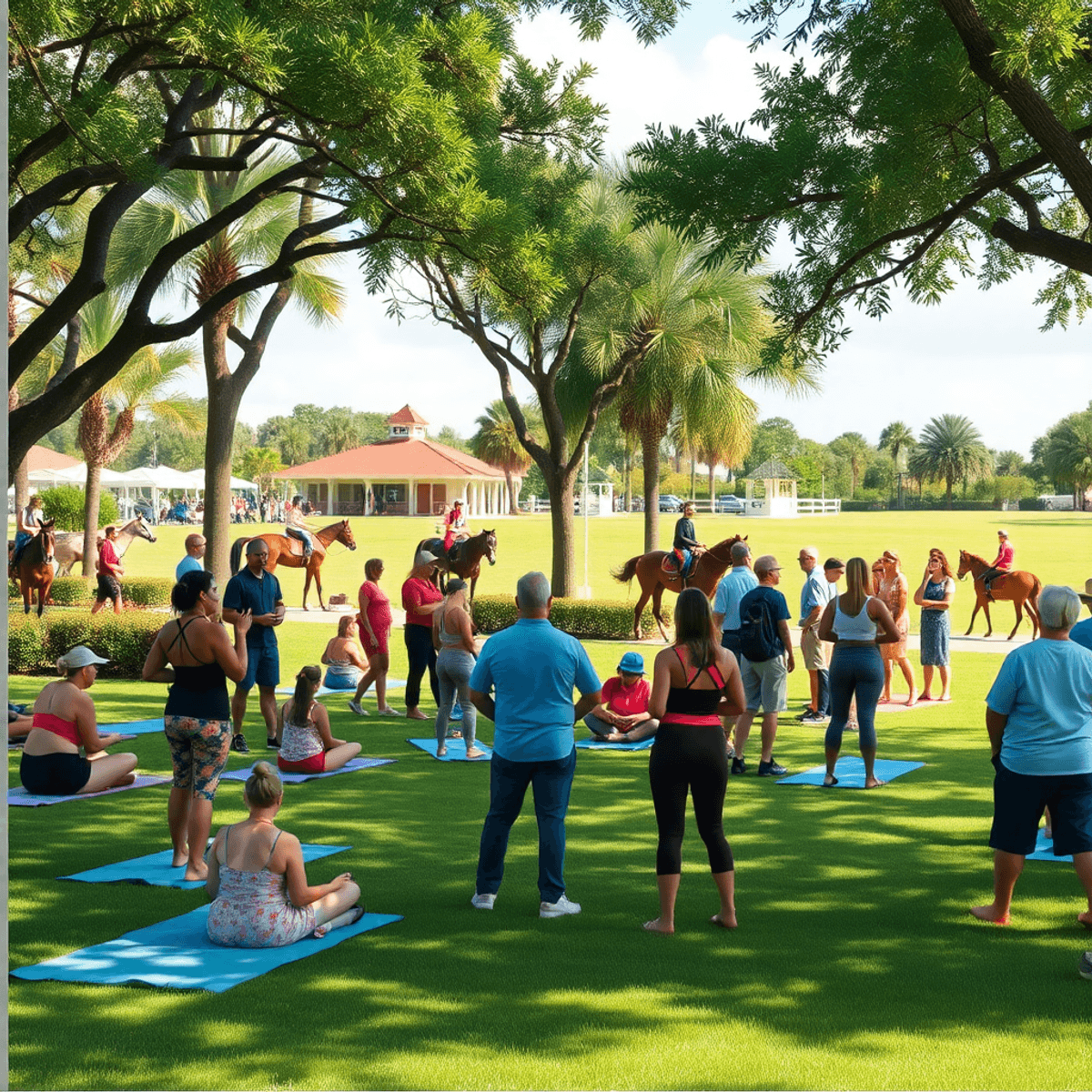 A lively park scene in Wellington, Florida, showcasing people practicing yoga, group workouts, and art workshops, with horses and riders in the bac...