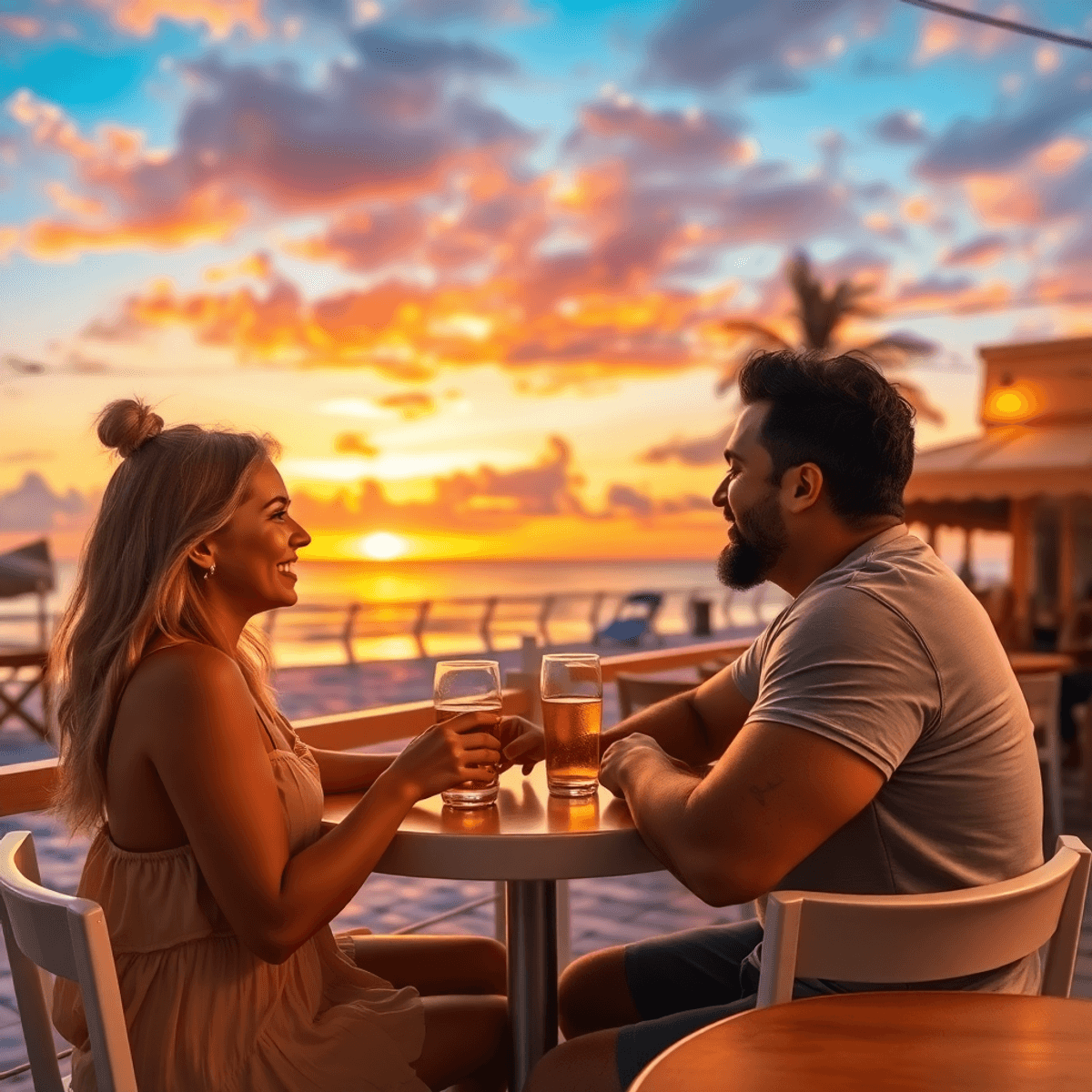 A couple enjoys a casual date at a beachfront café during a vibrant sunset, capturing the warm and inviting atmosphere of Pinellas Park, Florida.