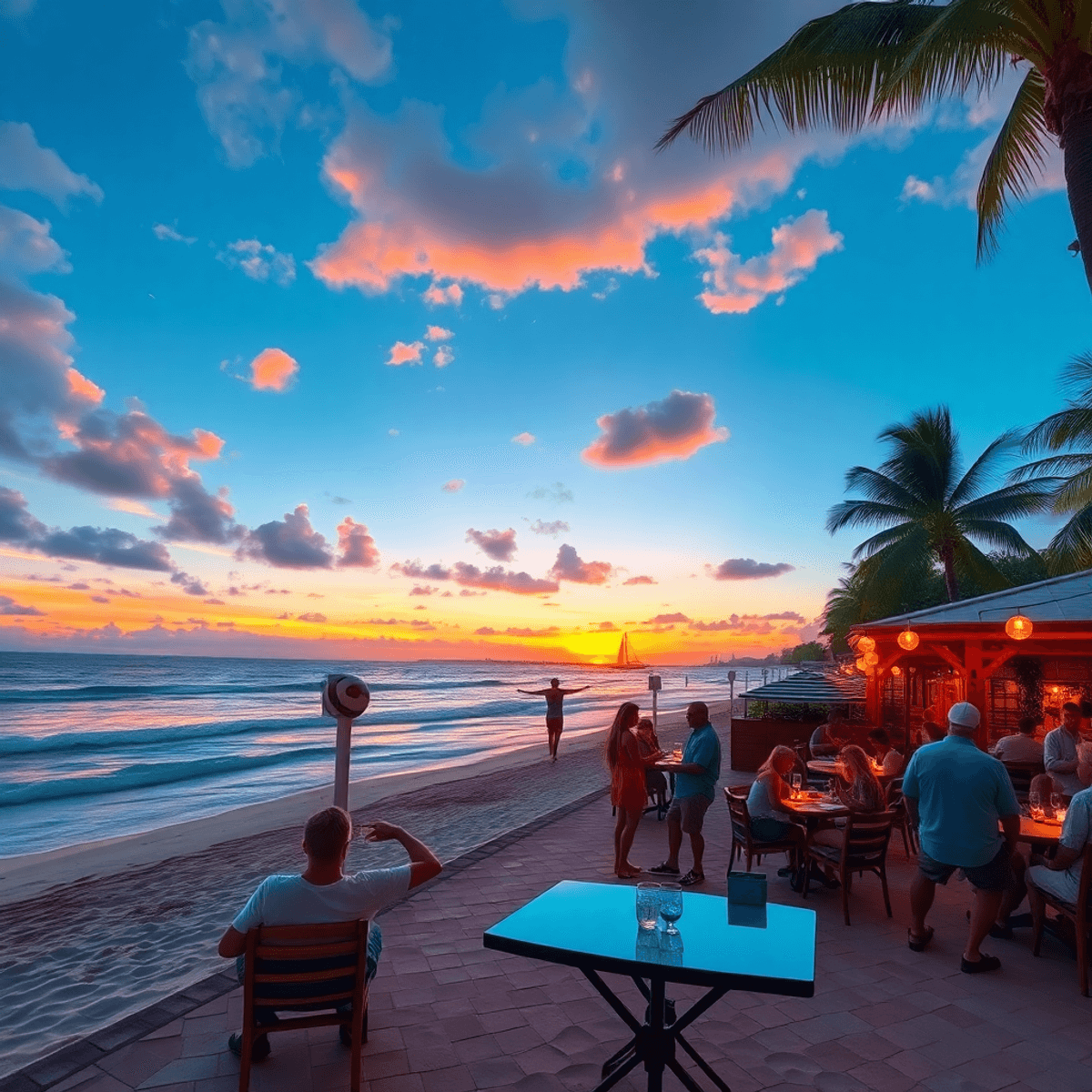 A vibrant sunset beach scene in Jupiter, Florida, with gentle waves, palm trees, a cozy restaurant, and people enjoying volleyball and wine tastings.