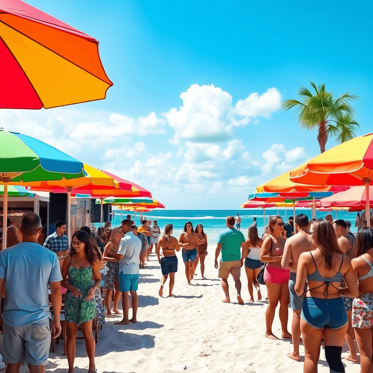 A lively beach scene in Palm Harbor, Florida, featuring colorful umbrellas, people playing volleyball, enjoying live music, and participating in ou...