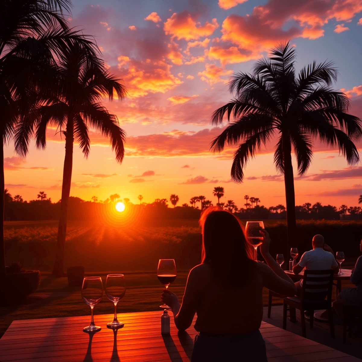 A sunset over a vineyard in Country Club, Florida, featuring silhouettes of palm trees and a couple enjoying wine tasting, creating a lively and in...