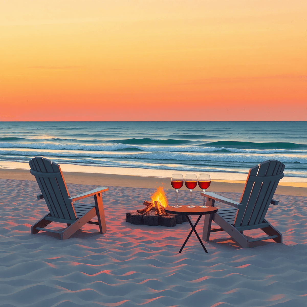 A serene beach at sunset in Ocean View, Delaware, with soft waves, beach chairs, a small bonfire, and wine glasses on a table under a warm orange a...
