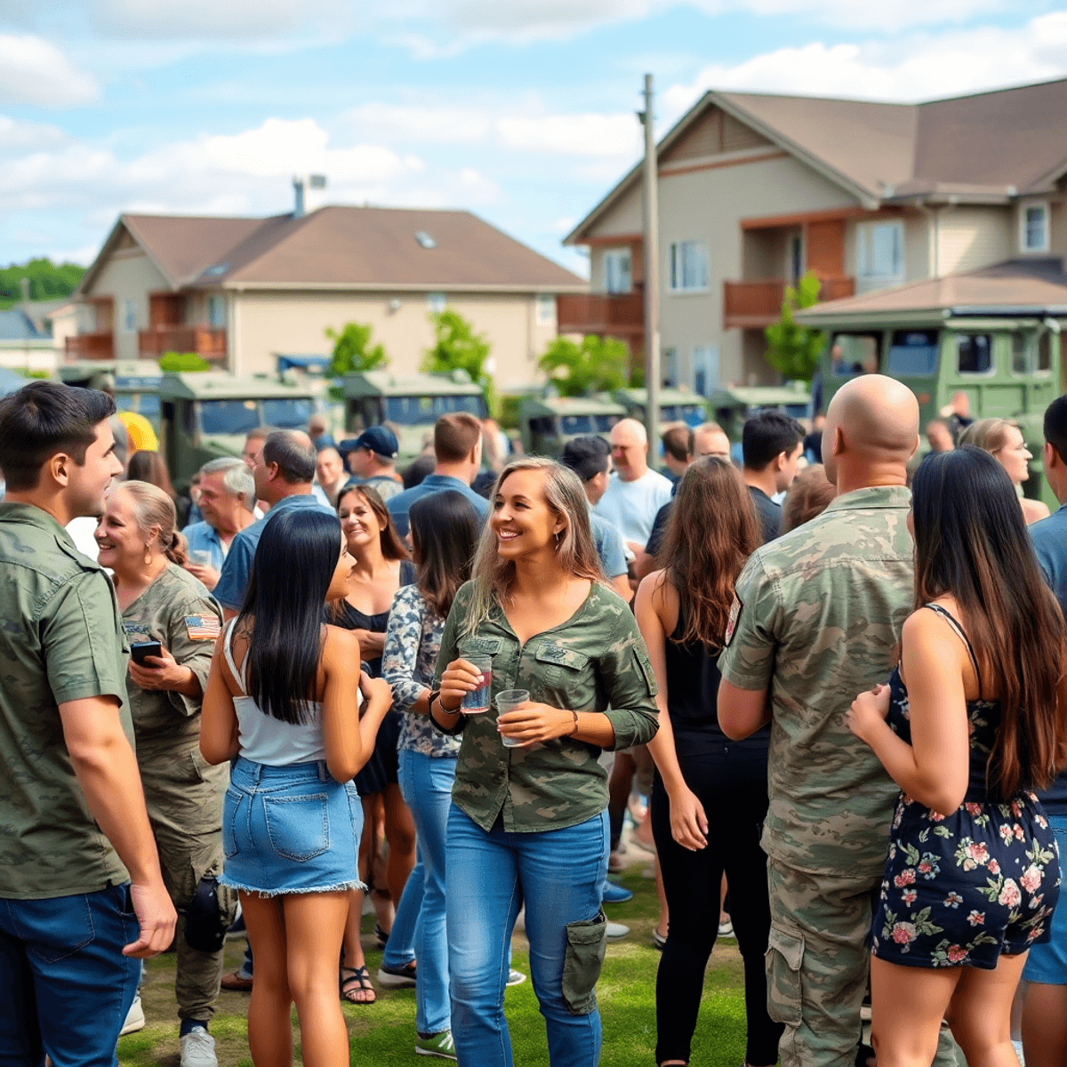 A lively outdoor gathering in a military community, with singles mingling among military personnel in uniform and civilians, set against the backdr...