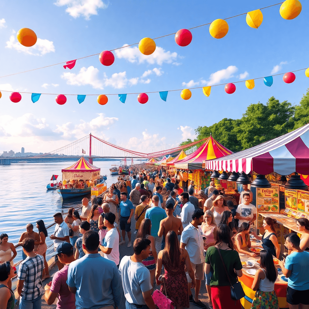 A lively riverside festival scene with colorful decorations, food stalls, and singles engaging in conversations, surrounded by scenic river views a...