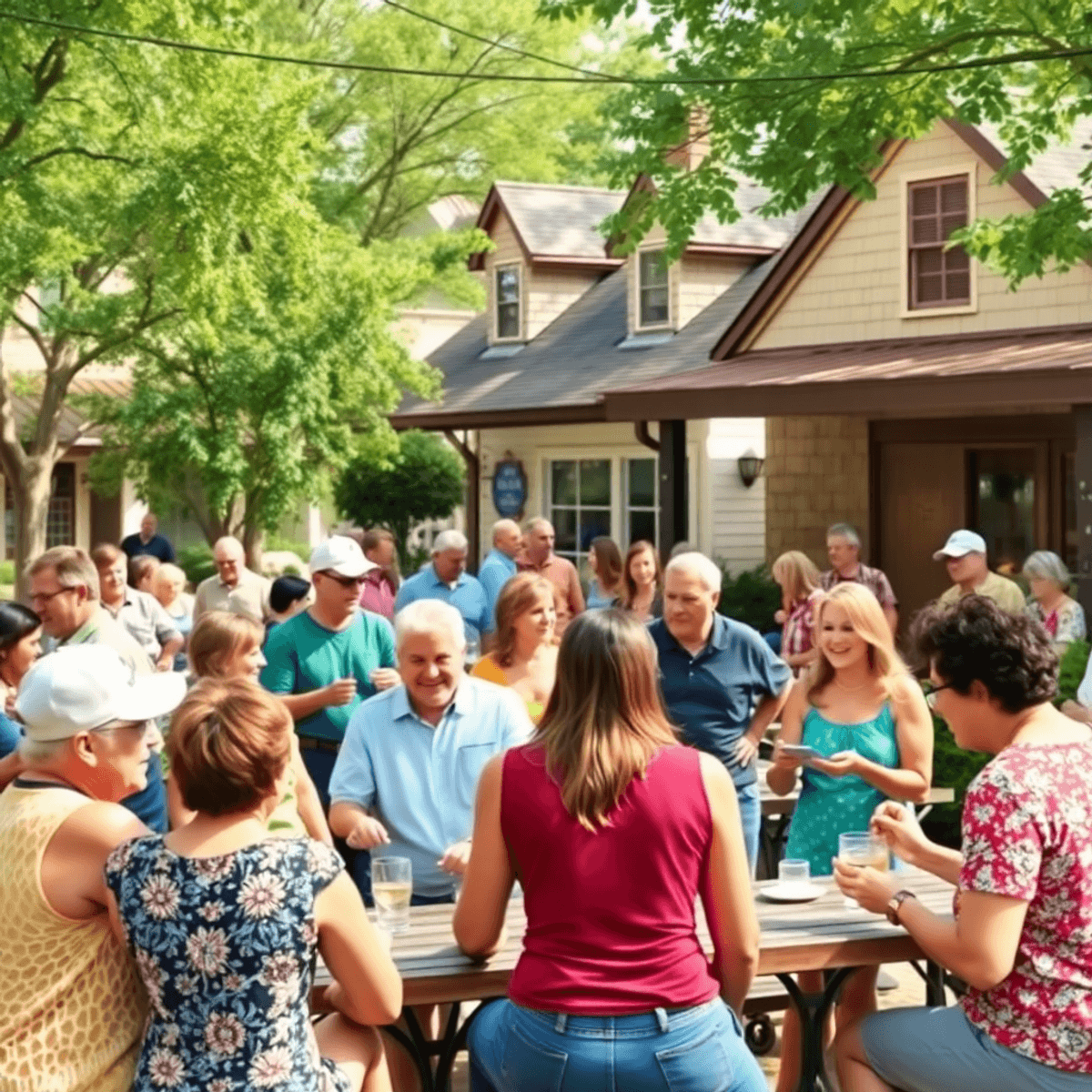 A lively community gathering in Townsend, Delaware, with singles chatting and enjoying activities under trees, surrounded by picnic tables in a war...