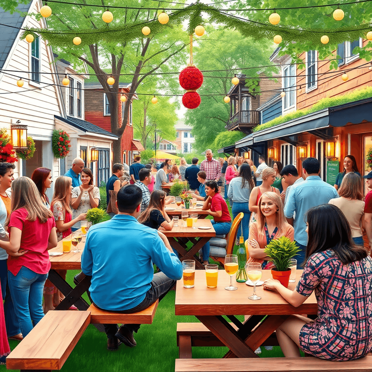 A lively outdoor community gathering with people engaging in activities, surrounded by picnic tables and festive decorations, showcasing a warm and...