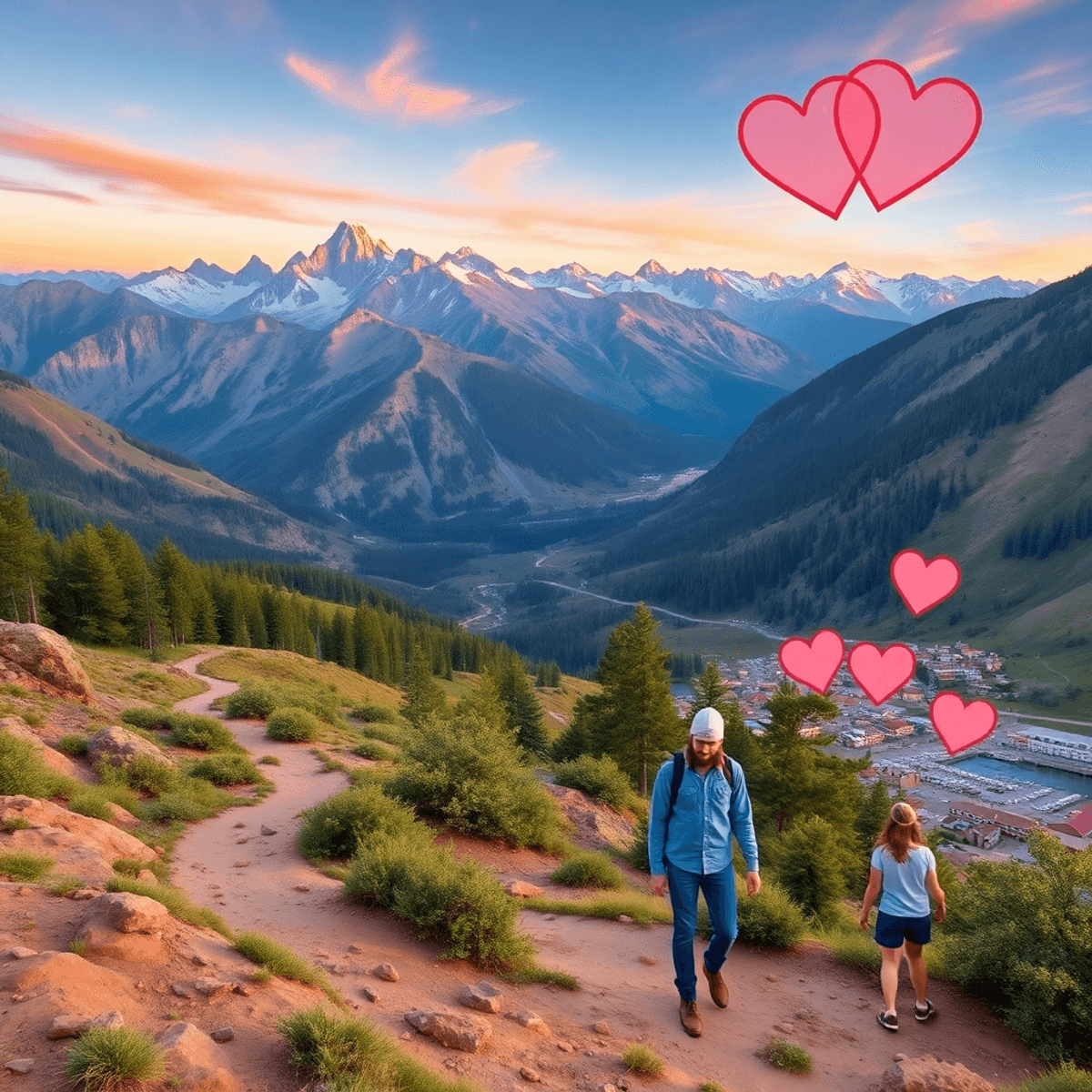 A scenic landscape of Wyoming mountains with a serene hiking trail, sandy beaches, and vibrant city nightlife, featuring couples enjoying outdoor a...