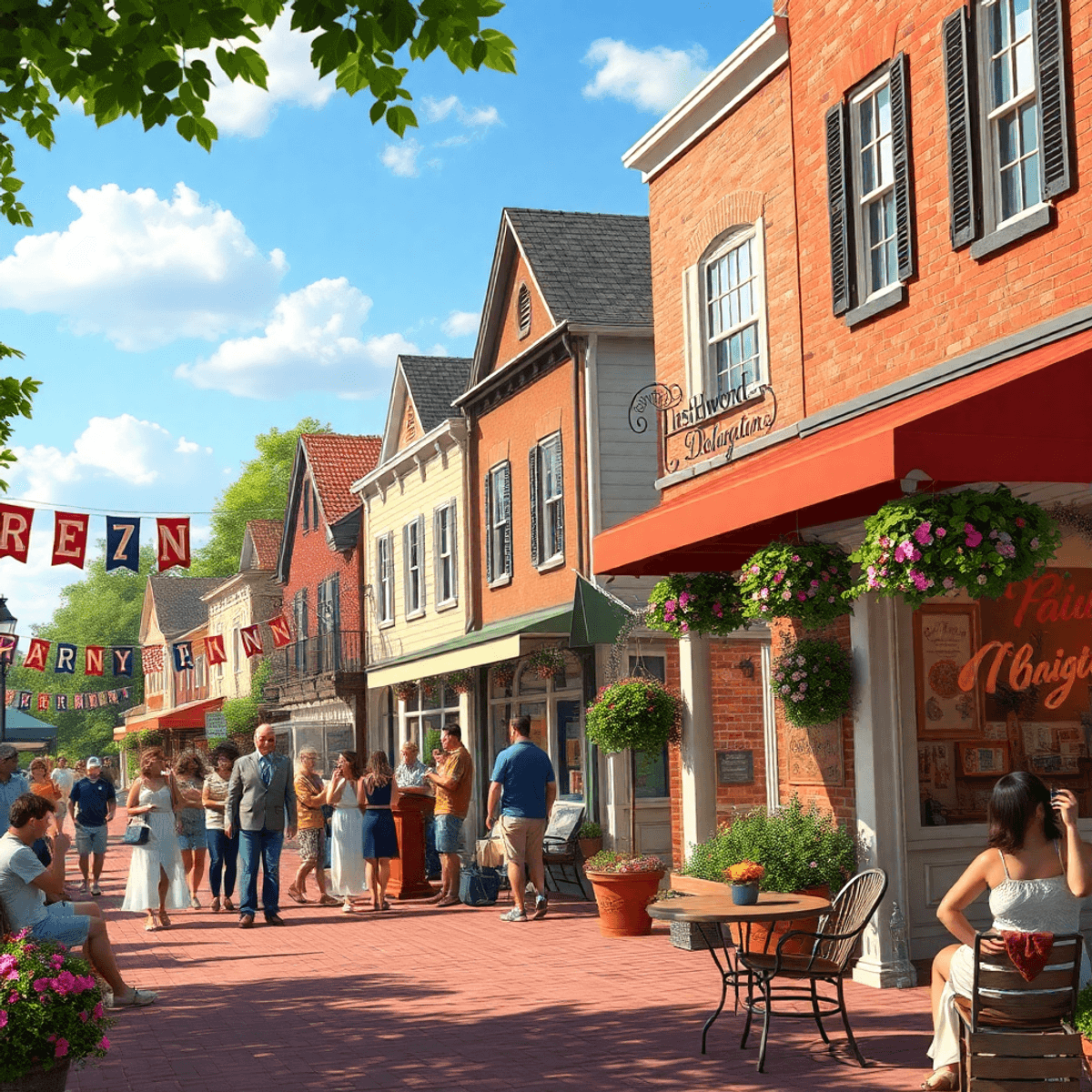 A charming main street in Cheswold, Delaware, filled with colorful banners, people enjoying music performances and community gatherings, surrounded...