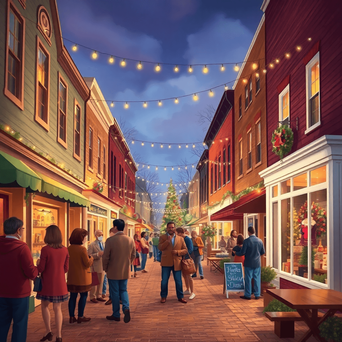 A picturesque small-town scene in Bridgeville, Delaware, showcasing a charming main street with shops and cafes, warm lighting, and seasonal decora...