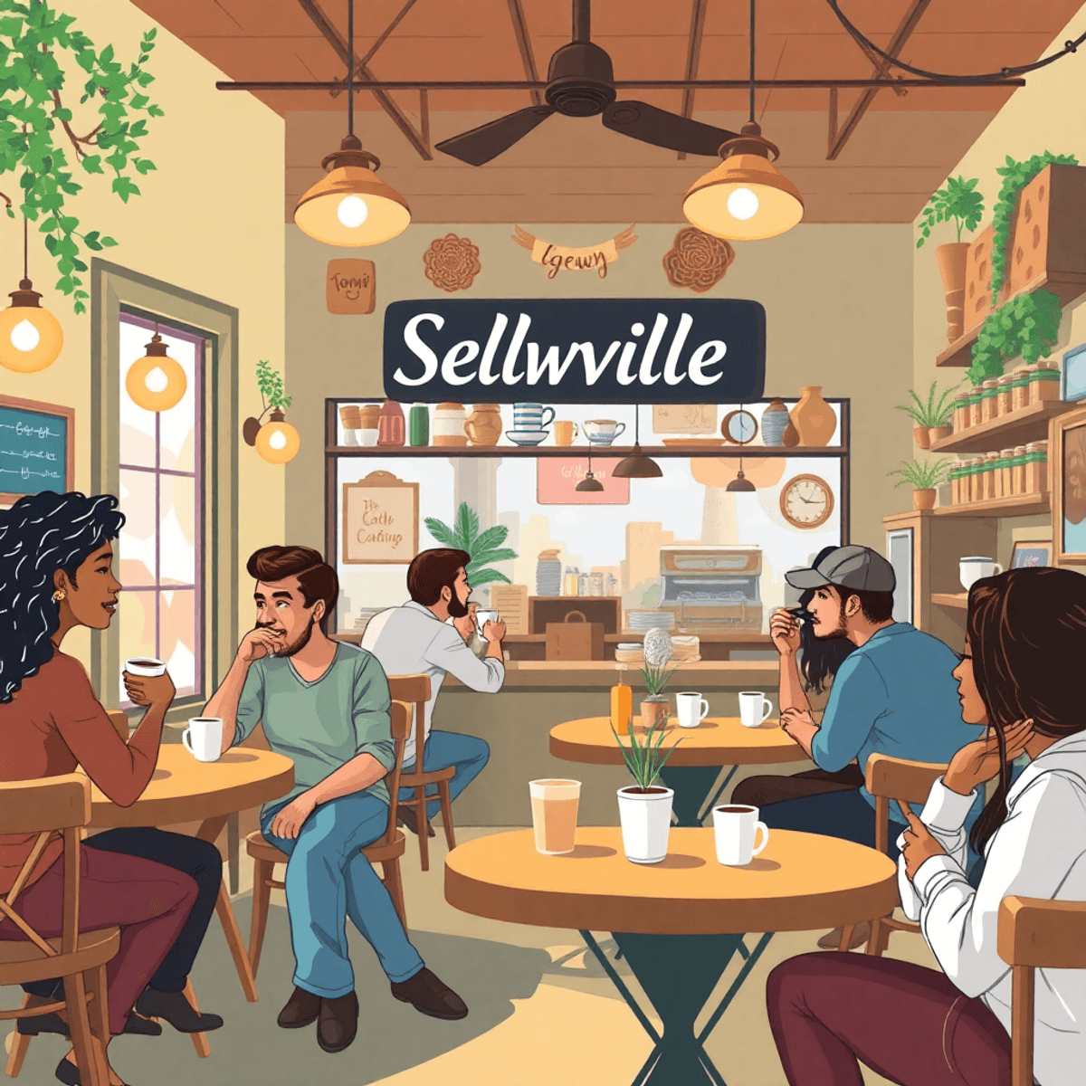 A cozy coffee shop scene in Selbyville, Delaware, with people engaging in conversation and enjoying coffee amidst charming decor that reflects a wa...