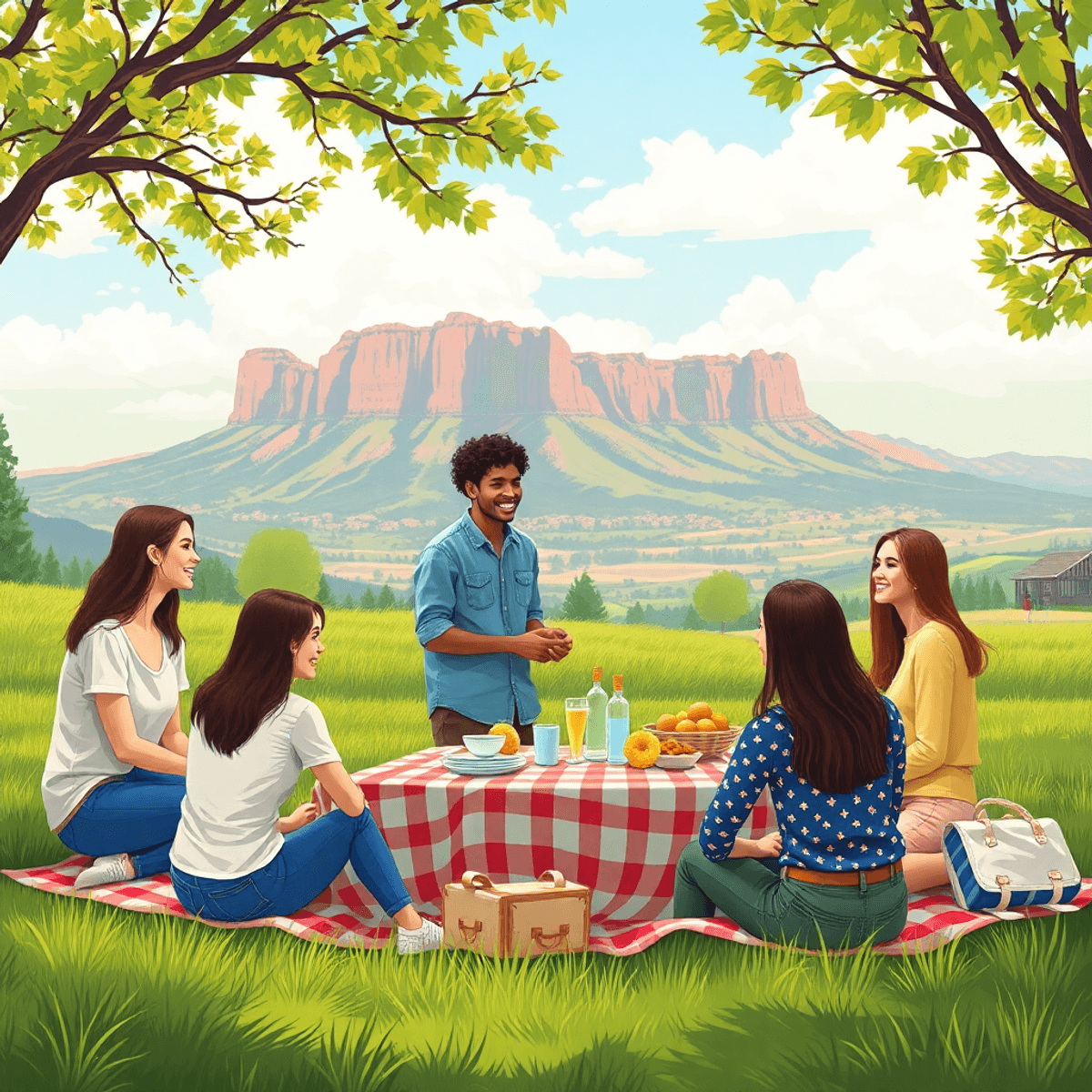 A lively outdoor gathering of young adults enjoying a picnic, participating in group activities, with scenic Utah landscapes in the background.