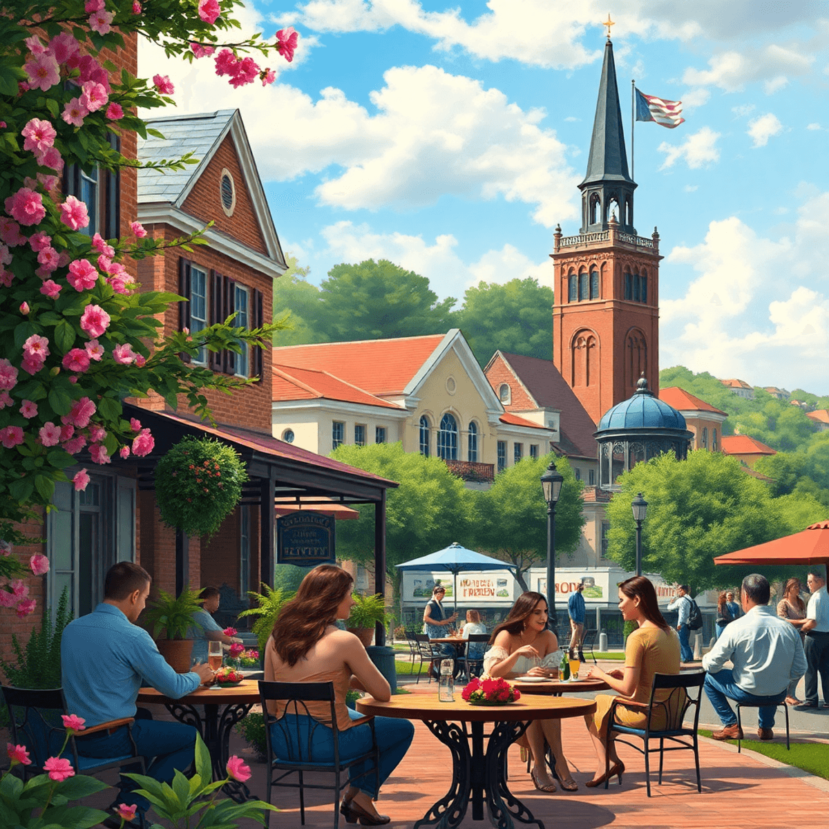 A scenic Virginia landscape with a historic building, blooming flowers, and people enjoying a social gathering at an outdoor café, showcasing a ble...