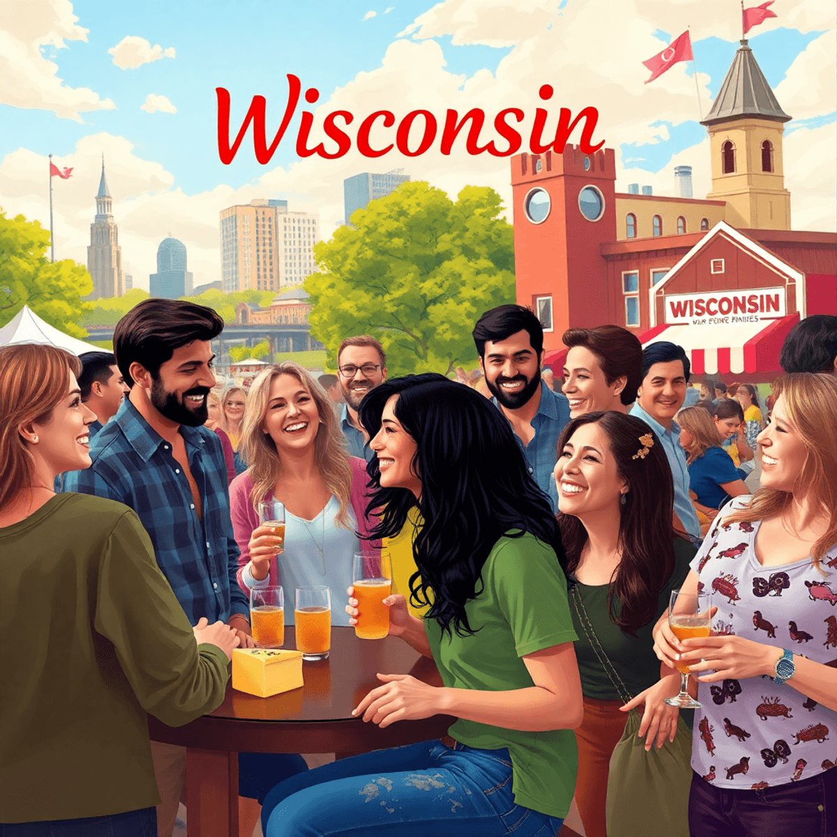 A lively social gathering in Wisconsin, featuring a diverse group of singles enjoying cheese, outdoor activities, and engaging conversations agains...