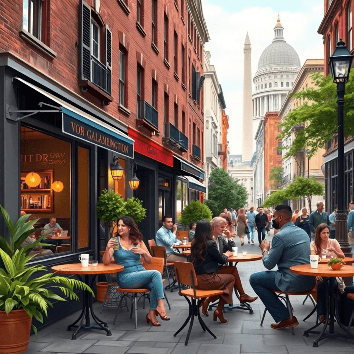A lively street scene in Washington, D.C. with a cozy café, couples enjoying coffee, historic architecture, and greenery, capturing the blend of ro...