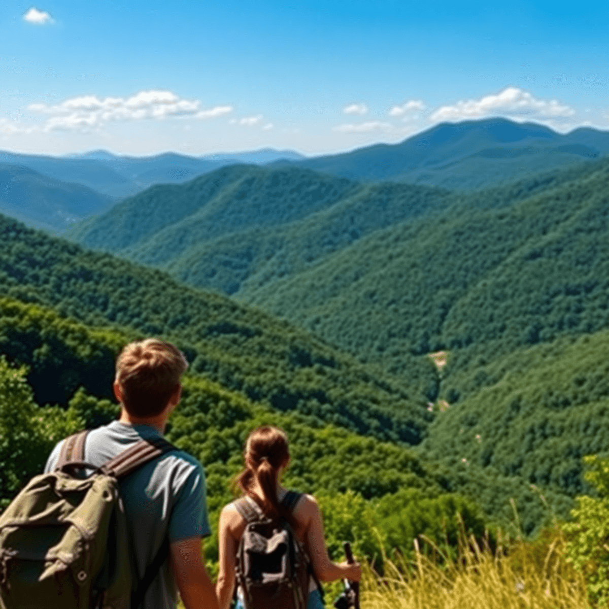 A scenic view of the Appalachian Mountains with lush greenery and a clear blue sky, featuring two hikers enjoying the outdoors together.