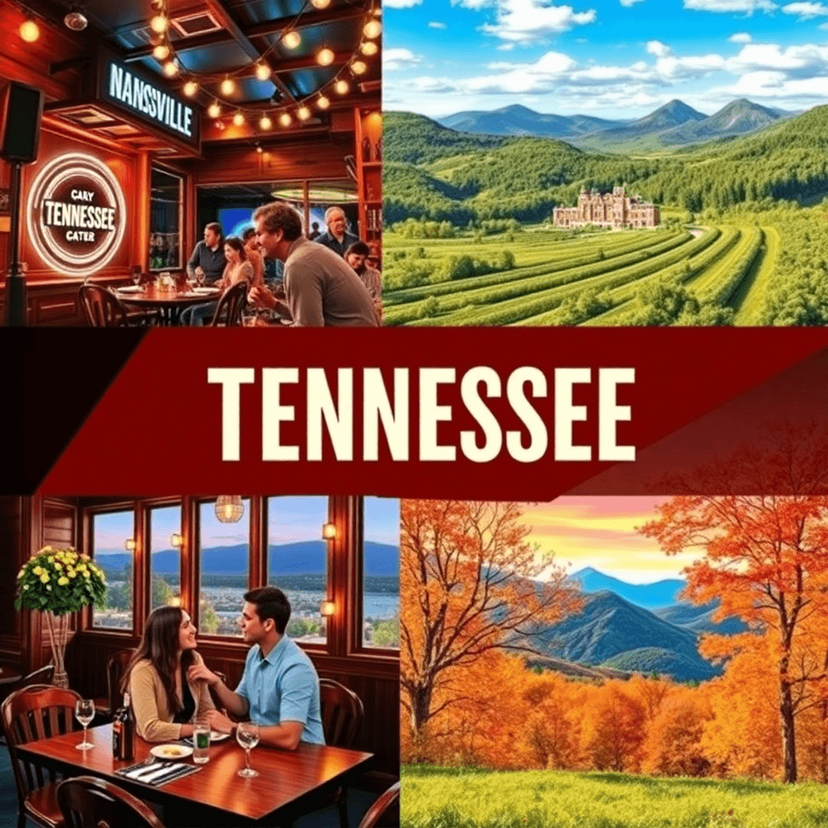 A vibrant collage capturing dating in Tennessee, featuring a Nashville music venue, a cozy restaurant, and scenic Smoky Mountains, evoking warmth a...
