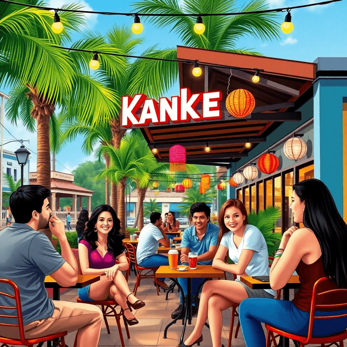 A lively outdoor café in Kendall, Florida, filled with singles chatting amidst palm trees and colorful decor, capturing a vibrant blend of suburban...