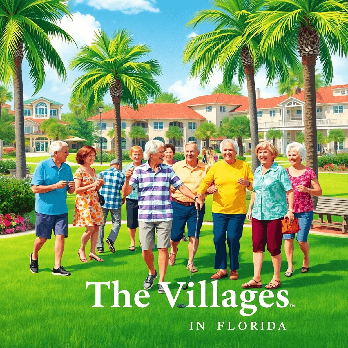 A lively retirement community scene with seniors enjoying golf, dancing, and a picnic under palm trees in a sunny park, highlighting a vibrant soci...