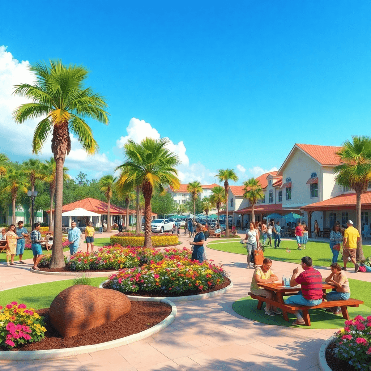 A lively park scene in North Port, Florida, with people enjoying picnics and conversations, surrounded by palm trees, colorful flowers, and a clear...