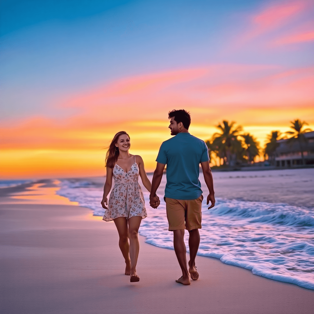 A couple walking hand in hand along a vibrant beach at sunset, with ocean waves and palm trees in the background, creating a romantic coastal atmos...