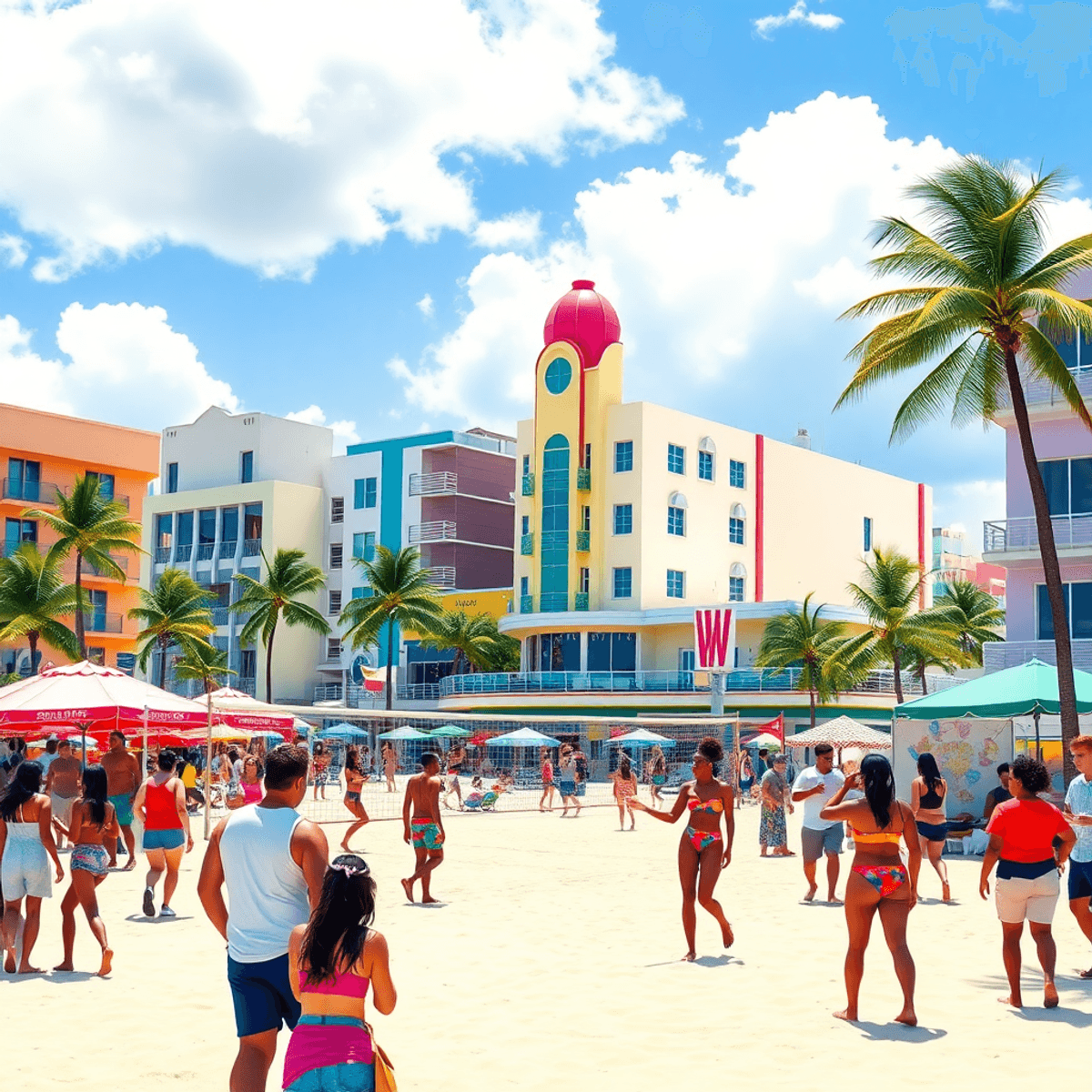 A lively Miami Beach scene with colorful Art Deco buildings, palm trees, a sunny sky, and people playing beach volleyball and enjoying outdoor art ...