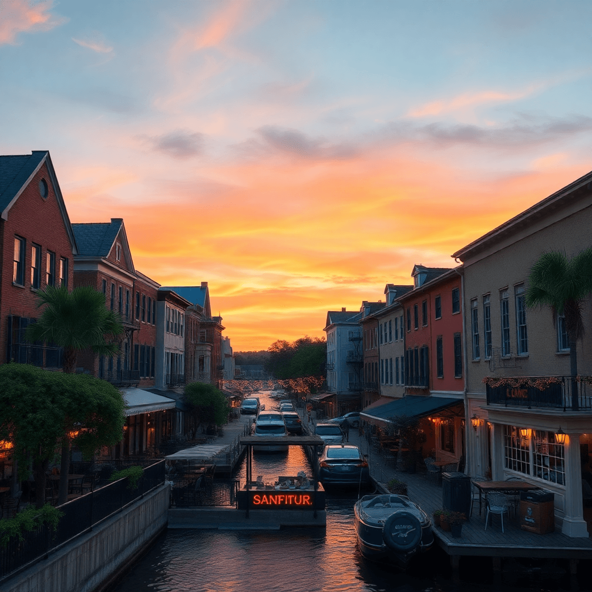 A scenic view of downtown Sanford, Florida, showcasing historic buildings, cozy cafes with outdoor seating, and a vibrant sunset sky, creating an i...