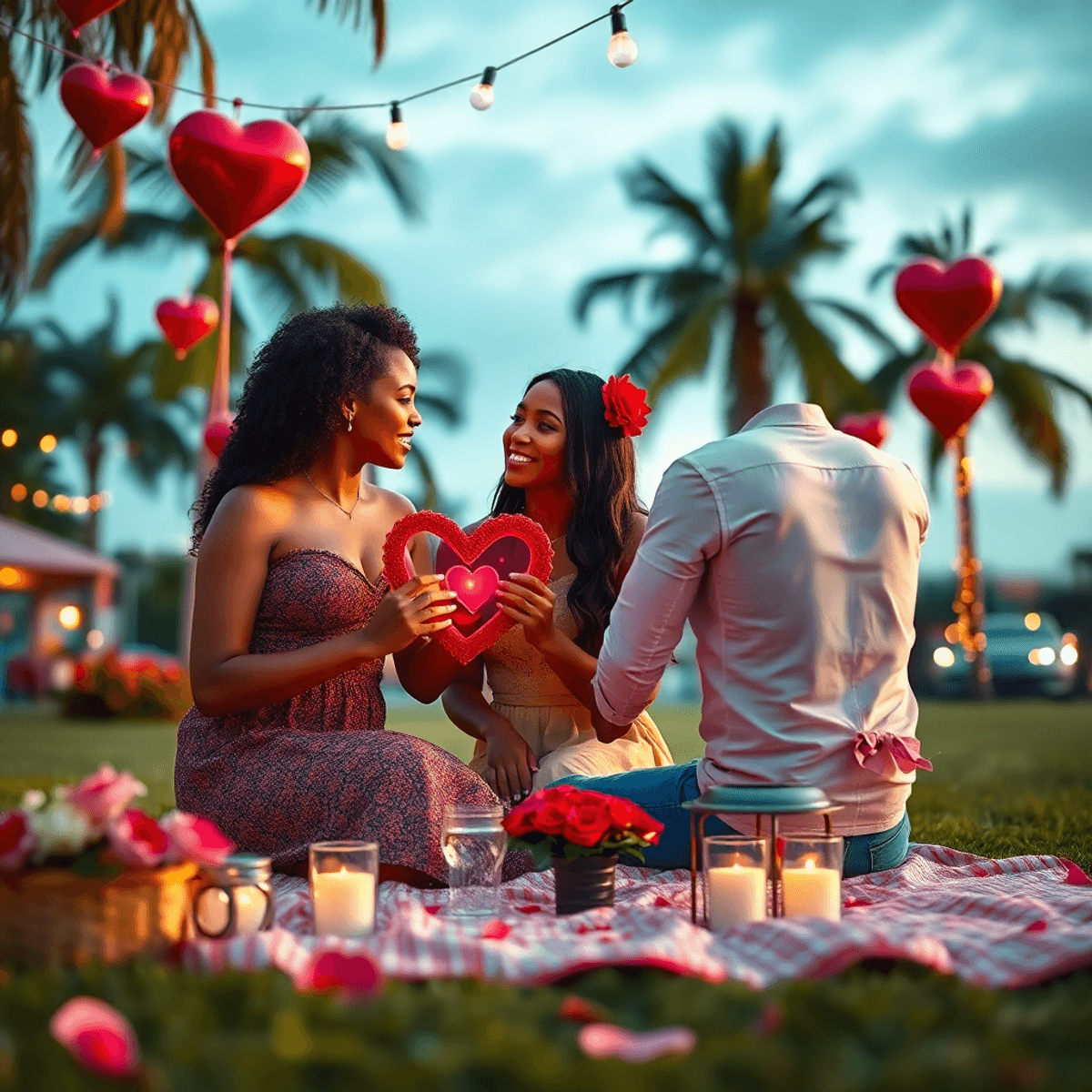 A romantic outdoor scene in Lauderhill, Florida, featuring heart-shaped decorations and a cozy picnic setup, surrounded by local landmarks that ref...