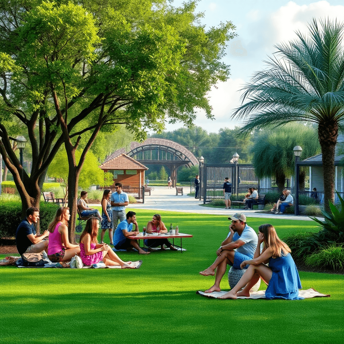 A scenic park in Horizon West, Florida, with lush greenery and modern amenities, where young professionals enjoy picnics and casual meet-ups in a w...