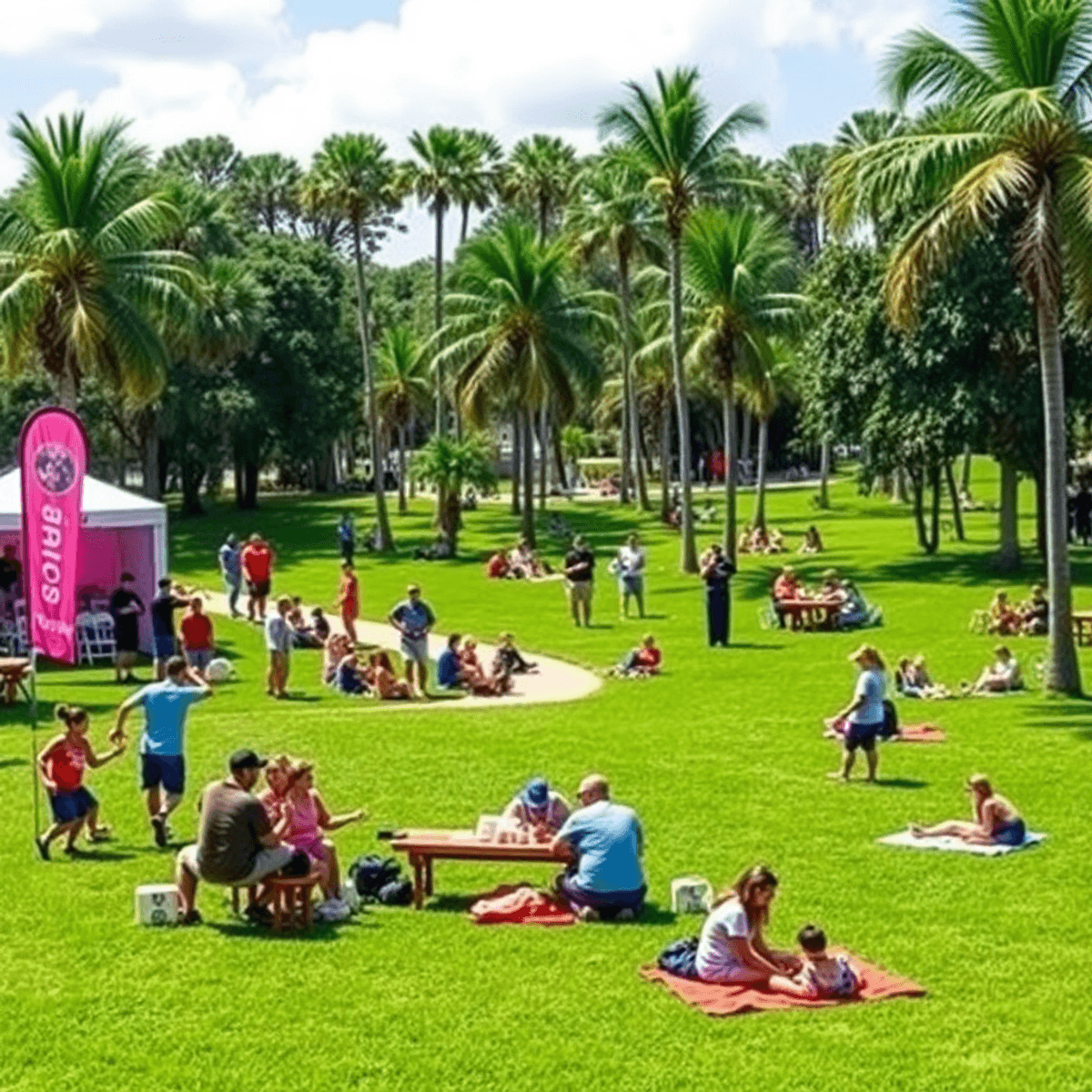 A lively park scene in Pine Hills, Florida, featuring singles enjoying picnics and games, colorful banners, and lush greenery with palm trees.