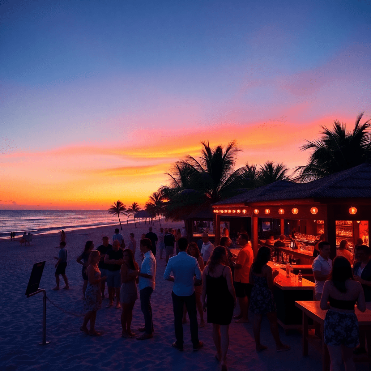 A vibrant beach scene at sunset in Boynton Beach, Florida, with palm tree silhouettes and a lively beachfront venue filled with people enjoying soc...