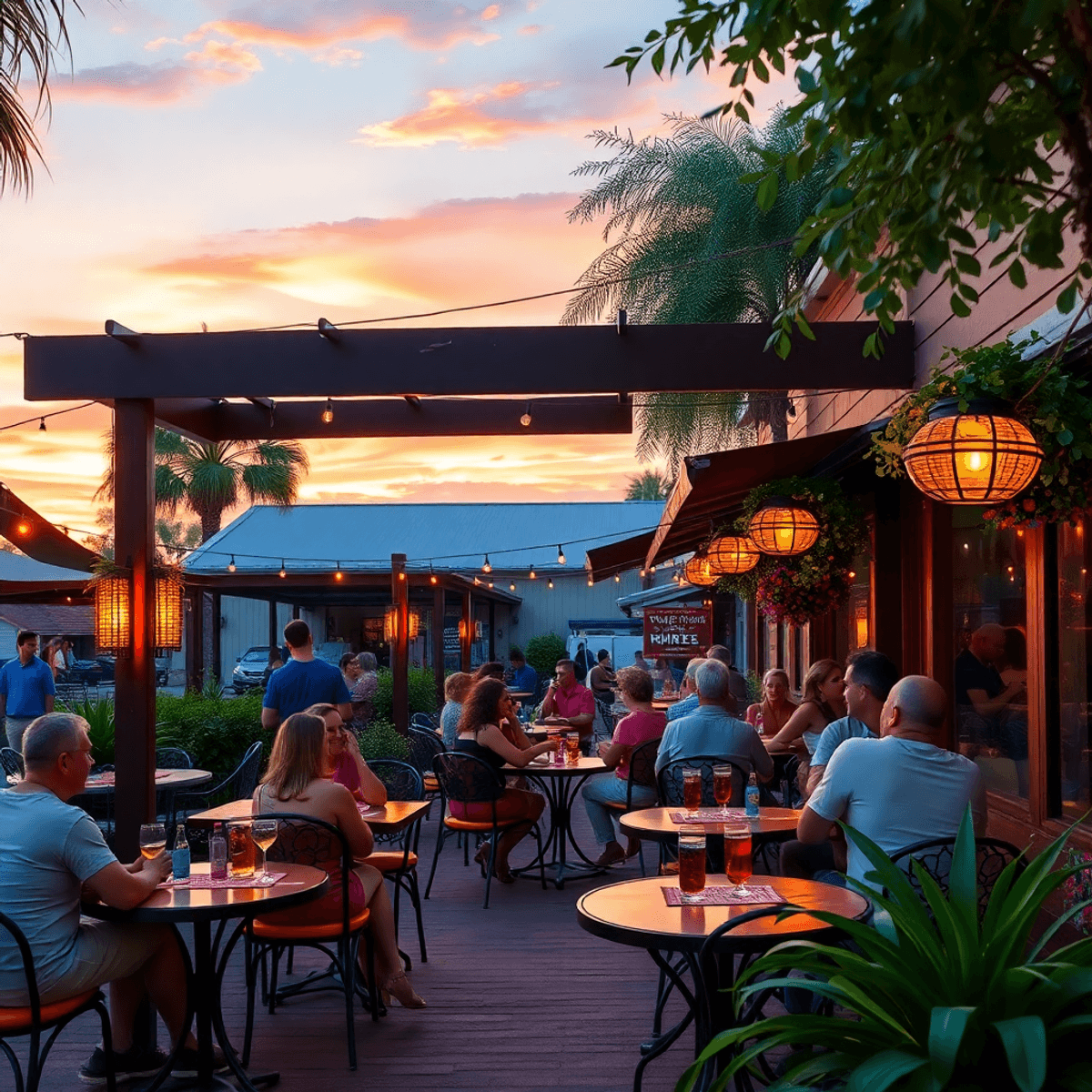 A charming outdoor café in Sebring, Florida, with colorful decorations and tables filled with drinks, as singles mingle under a warm sunset, creati...