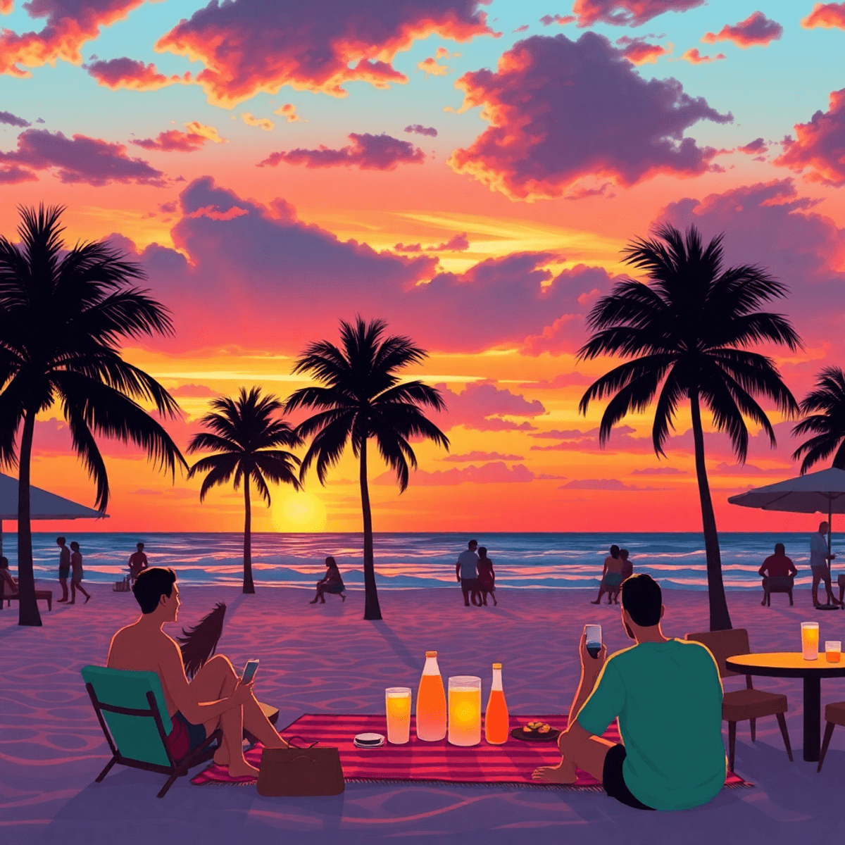 A vibrant beach at sunset in Port Orange, Florida, with silhouettes of palm trees and a picnic setup, evoking a warm and inviting atmosphere for so...