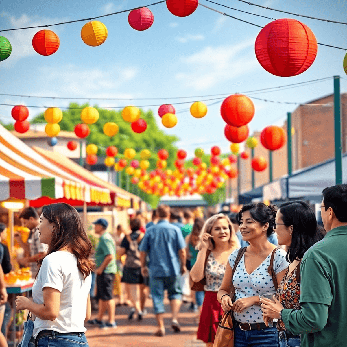 A lively community event in Camden, Delaware, with colorful decorations, food stalls, and people enjoying conversations and festivities in a cheerf...