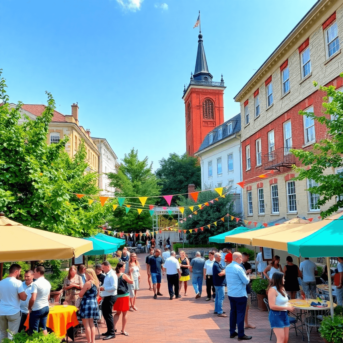 A lively city park in New Castle, Delaware, featuring historic architecture and modern decor. People are mingling at a vibrant outdoor singles even...