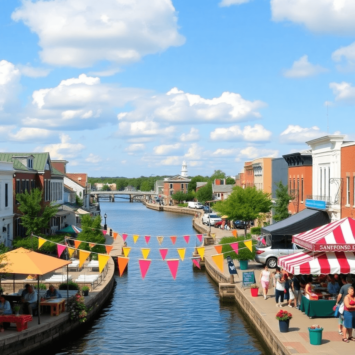A scenic view of the Nanticoke River in Seaford, Delaware, with charming downtown buildings, colorful banners, and food stalls, capturing a lively ...