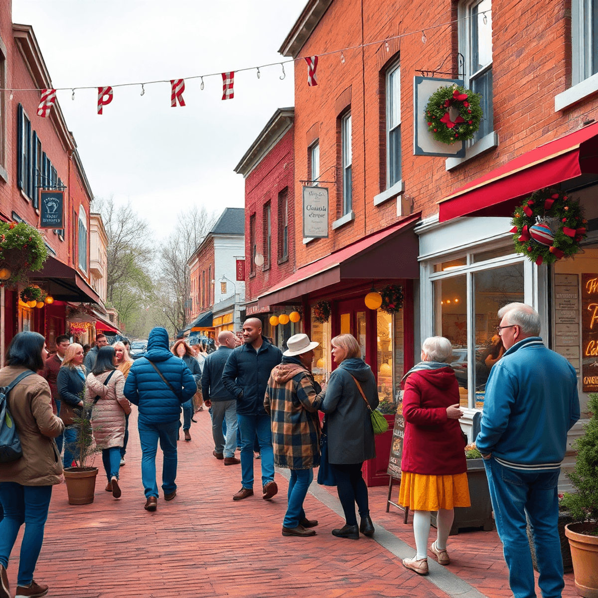 A cozy street scene in Wilmington Manor, Delaware, featuring seasonal decorations, small-town shops, and friendly gatherings that highlight a vibra...