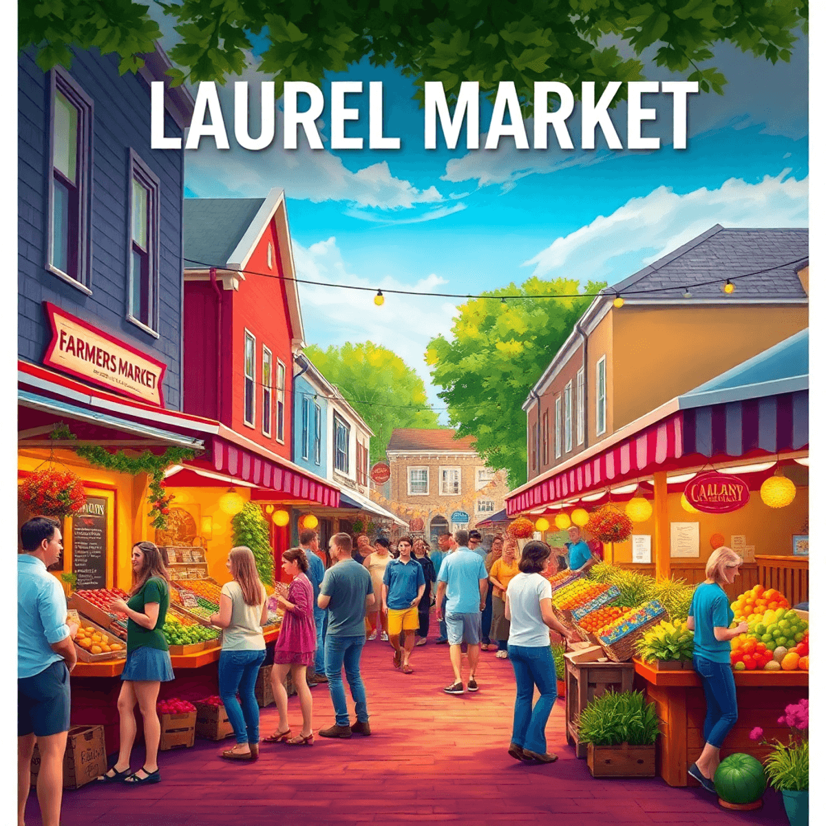 A lively small-town street market with colorful stalls of fresh produce, people socializing, and cheerful decorations, creating a warm and friendly...