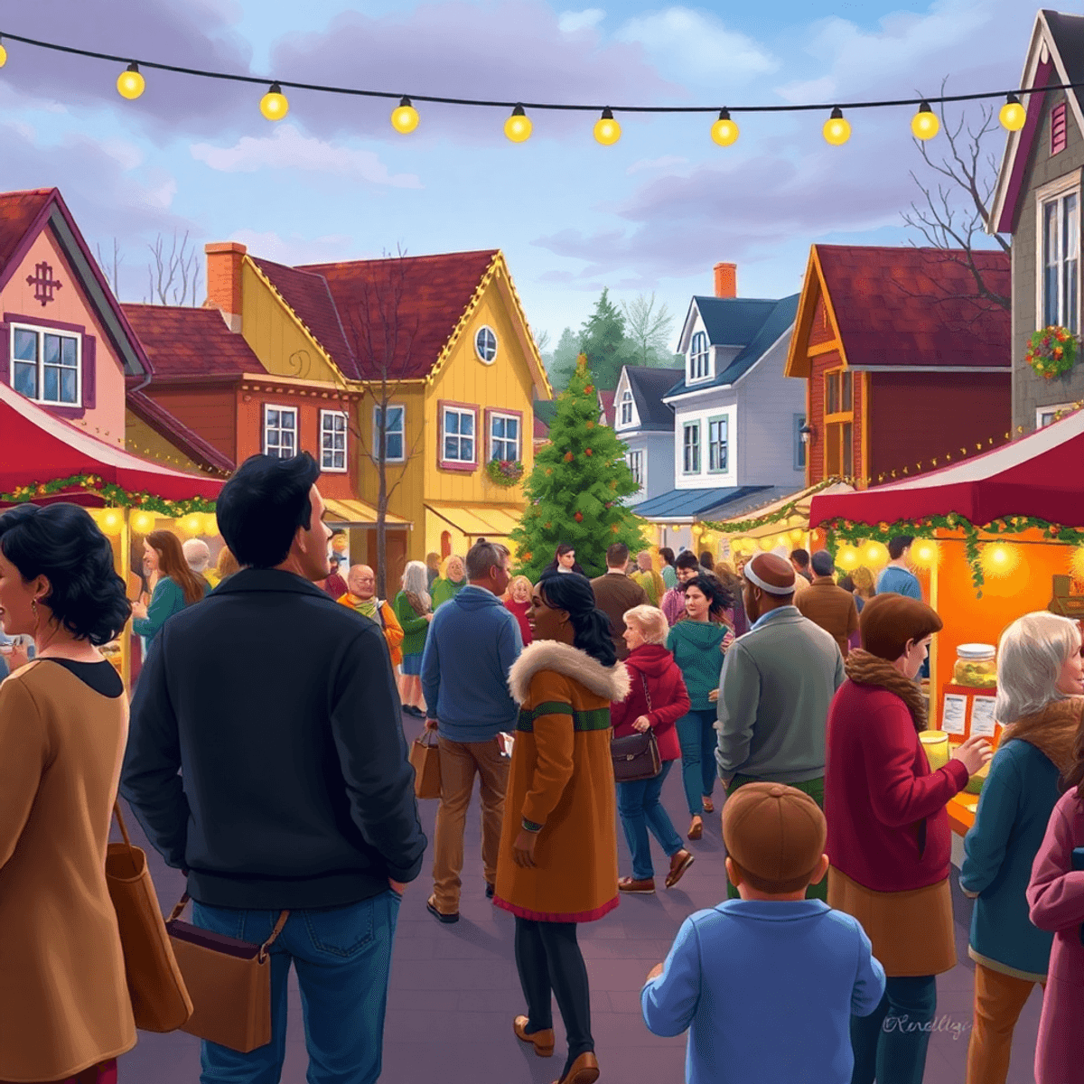 A lively community event in a small town with people enjoying food stalls, live music, and socializing, set against charming architecture and seaso...