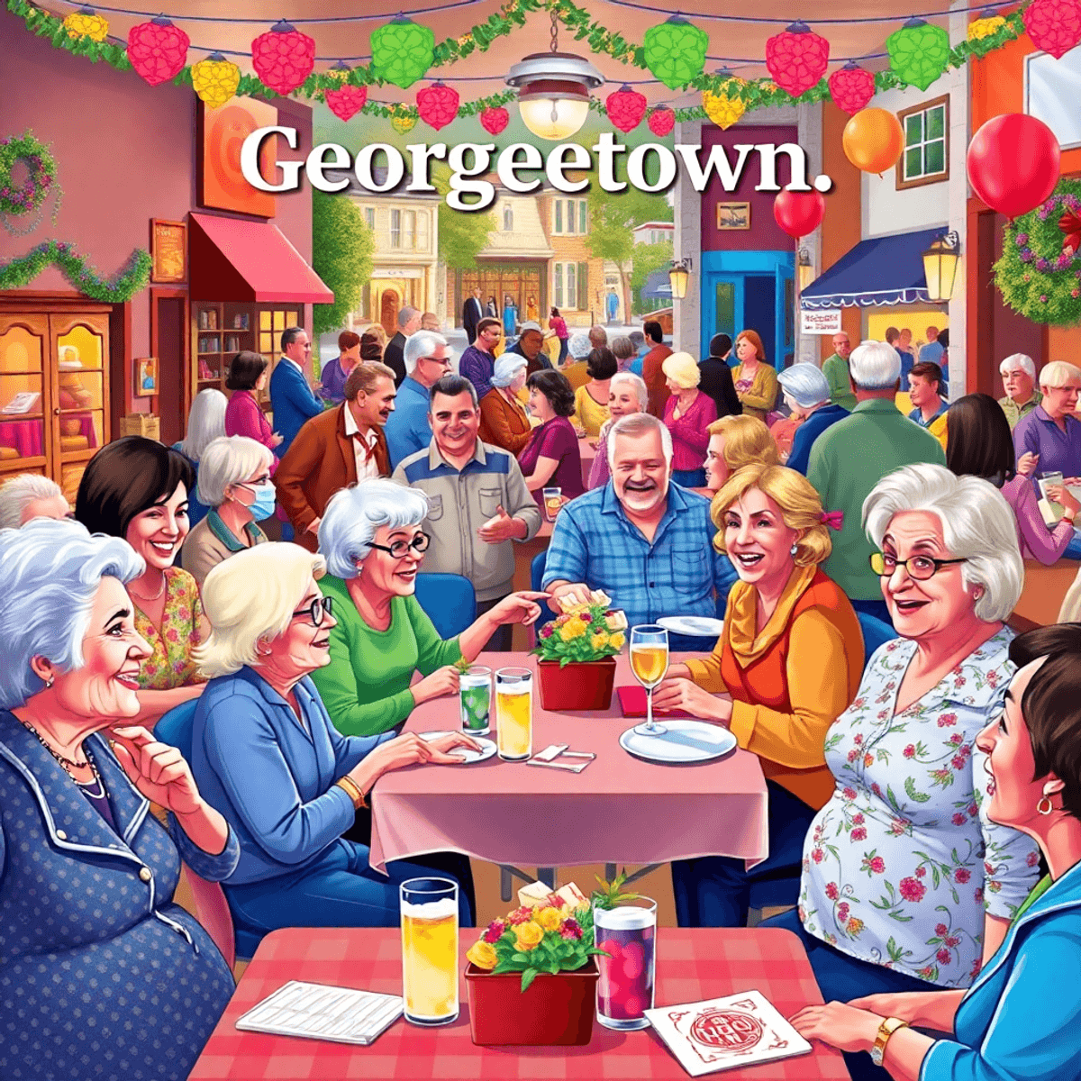 A lively community event in Georgetown, Delaware, featuring singles enjoying bingo, book discussions, and mixers, surrounded by colorful decoration...