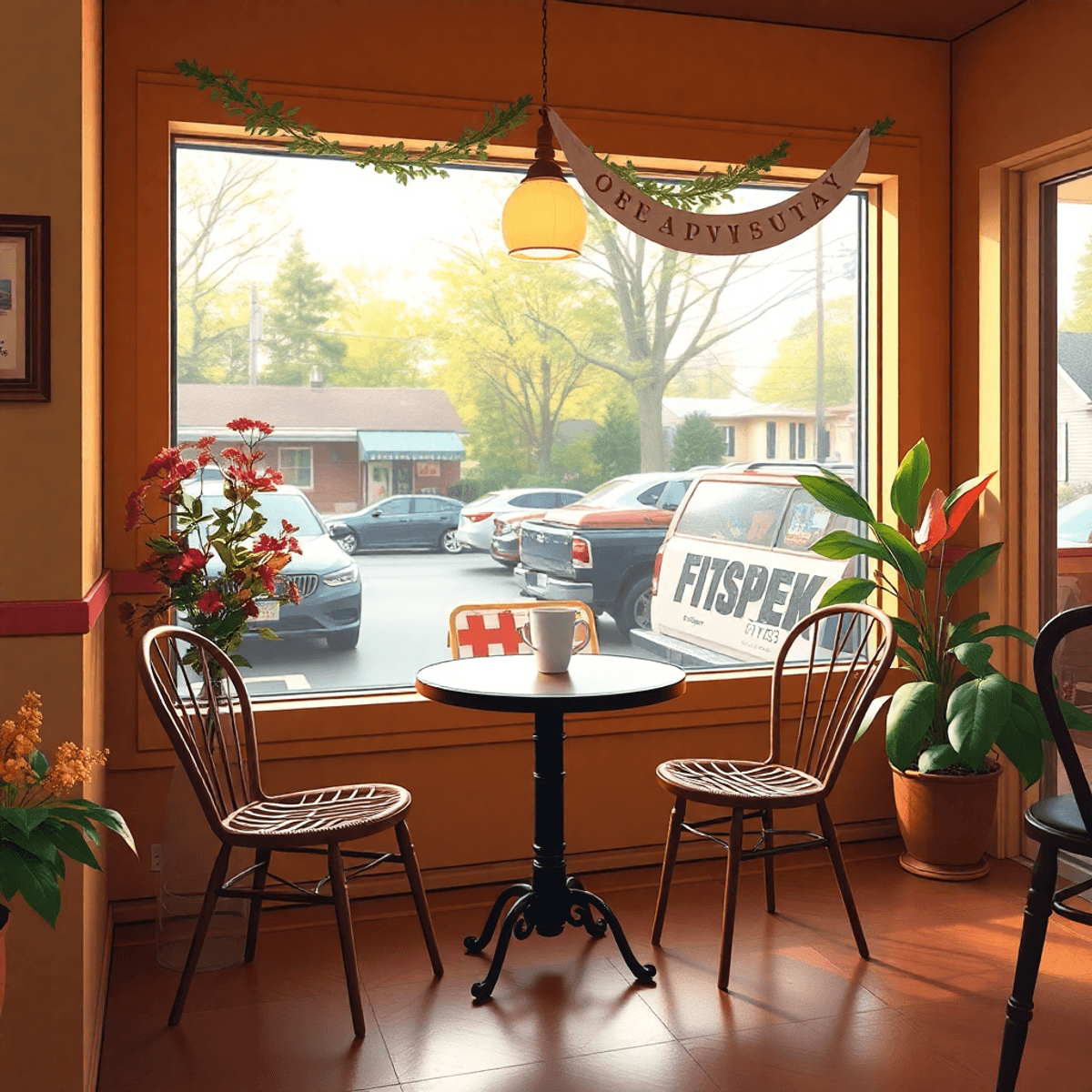 A cozy café in Elsmere, Delaware, featuring a coffee cup on a small table with two chairs, adorned with flowers and a festival banner, evoking warm...