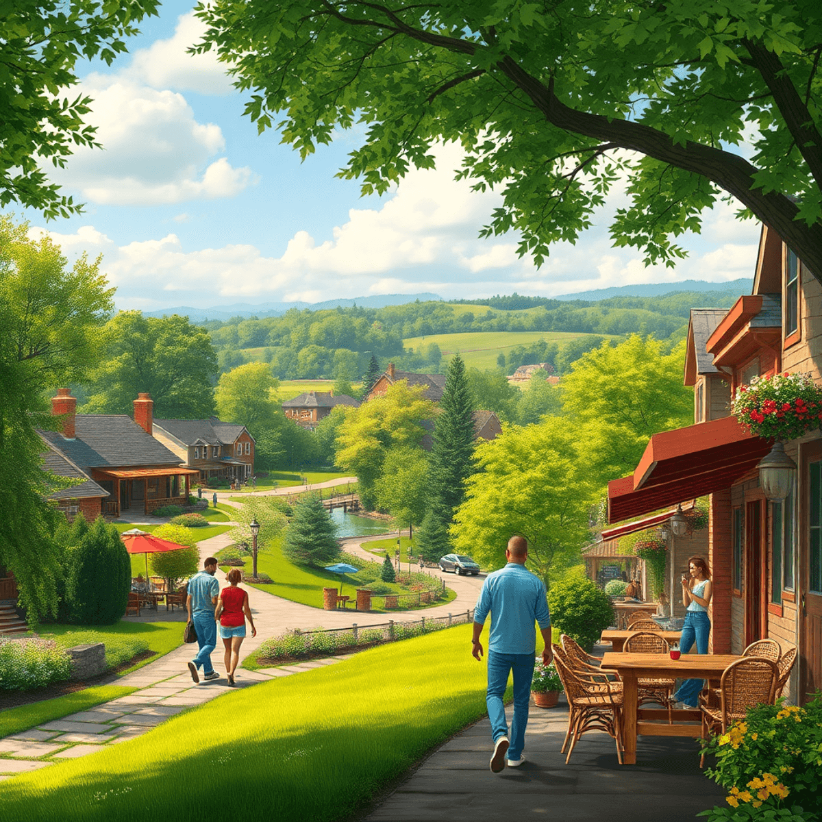 A scenic view of Pike Creek Valley, featuring lush greenery, cozy coffee shops, and trails, with people walking and chatting, creating a warm, invi...