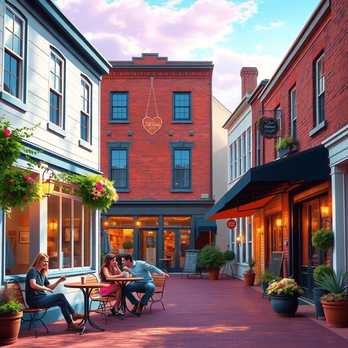 A cozy small-town street in Milford, Delaware, with historic buildings and cafes. A couple enjoys coffee at an outdoor table, adding a romantic tou...