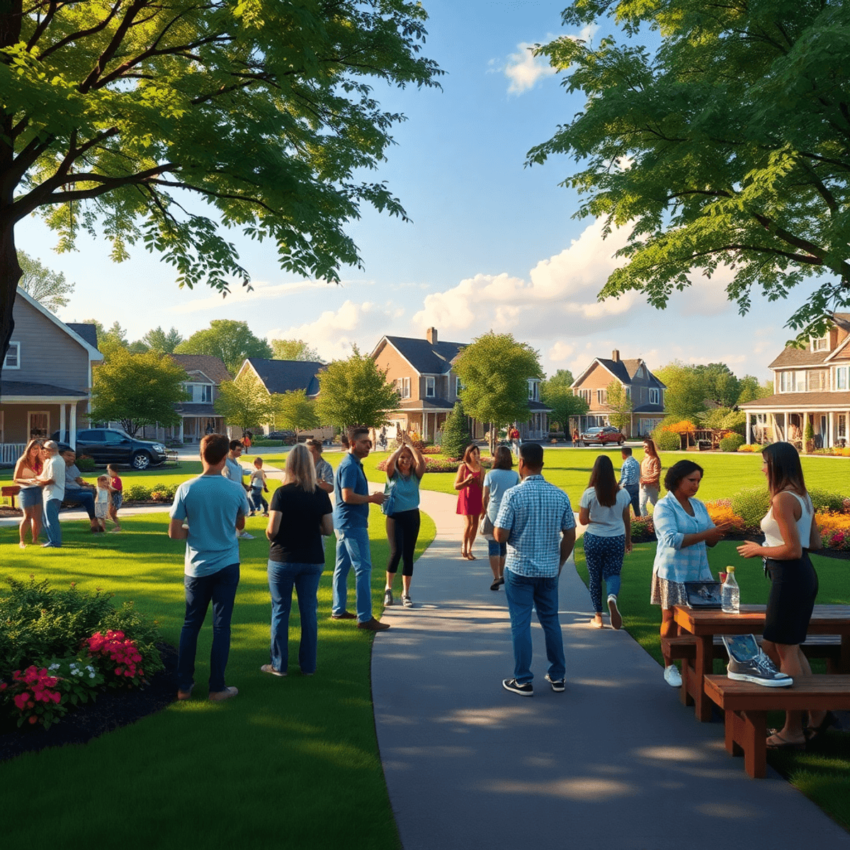 A lively suburban park in North Star, Delaware, filled with people chatting and enjoying local events amidst lush greenery, creating a warm and wel...