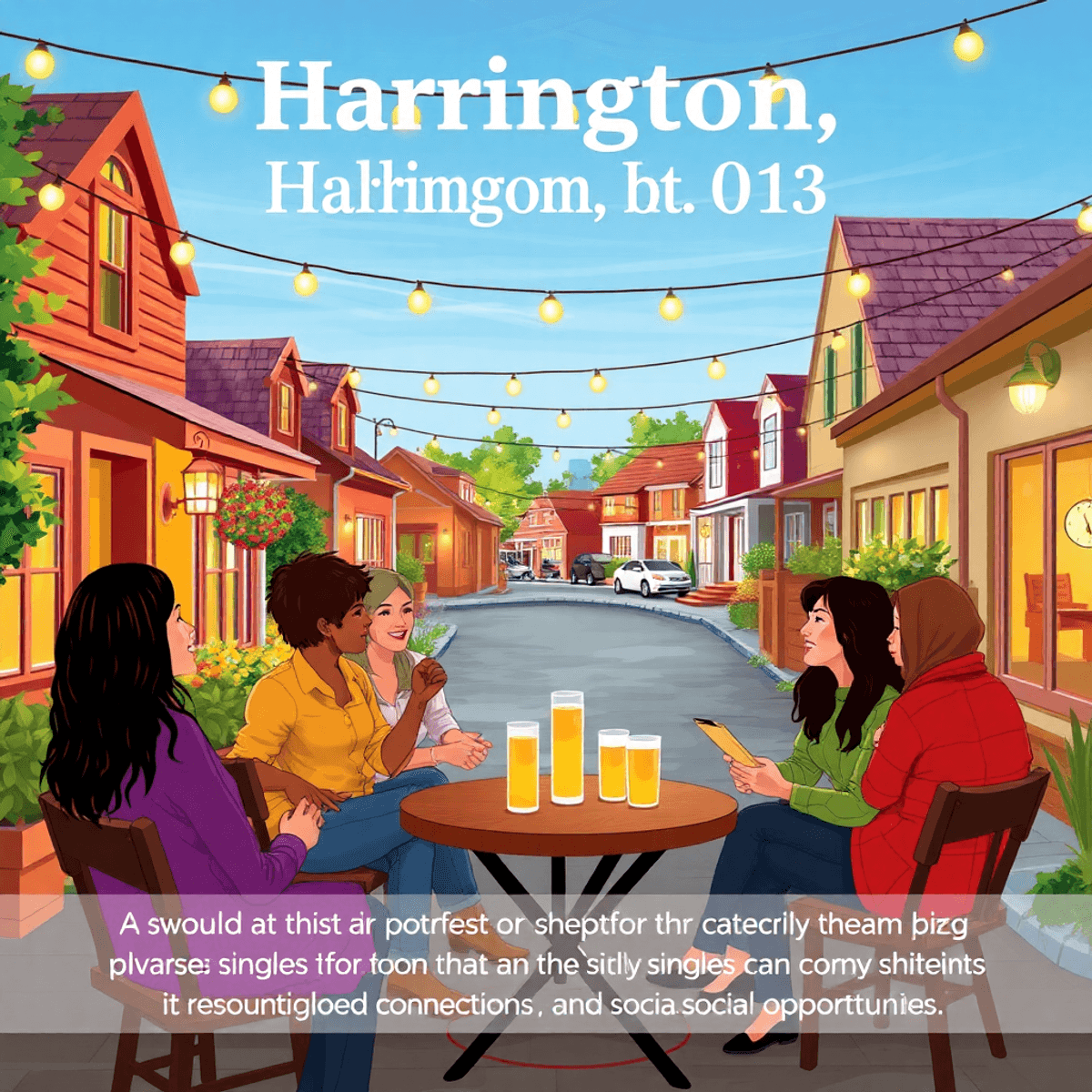 A cozy small-town gathering in Harrington, Delaware, with singles chatting amidst local landmarks and greenery, creating a warm atmosphere of conne...