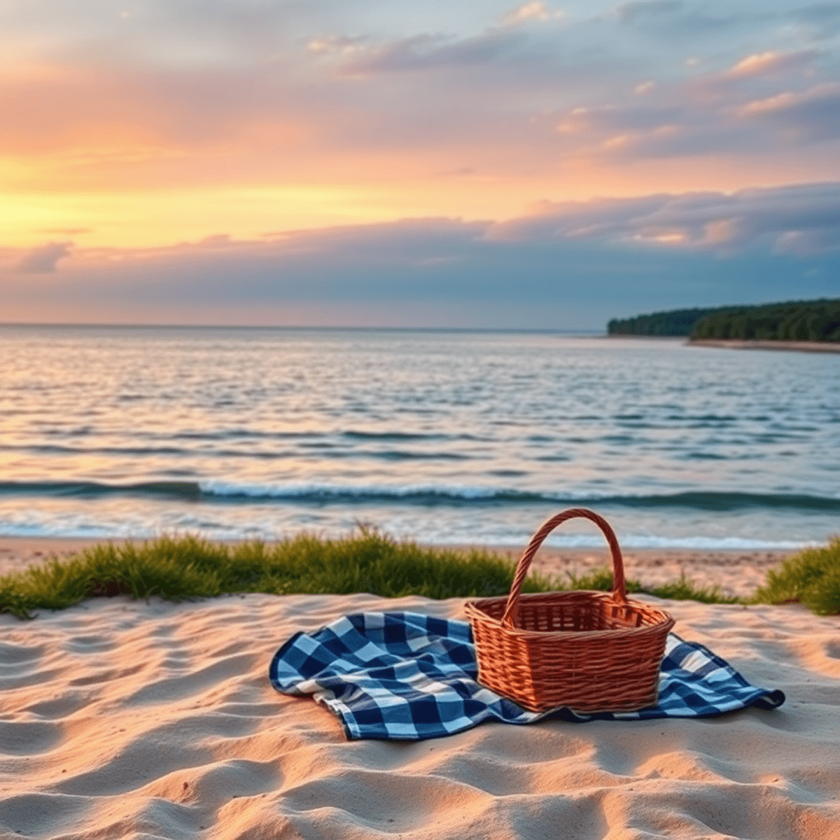 A sunset view of Michigan's Great Lakes coastline, featuring a tranquil beach with gentle waves, a picnic setup on the sand, and lush greenery in t...