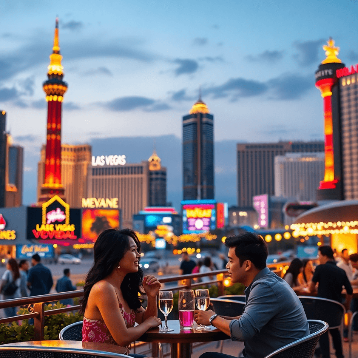 A vibrant Las Vegas skyline at night, showcasing iconic landmarks, with a couple enjoying a lively outdoor café surrounded by twinkling lights and ...