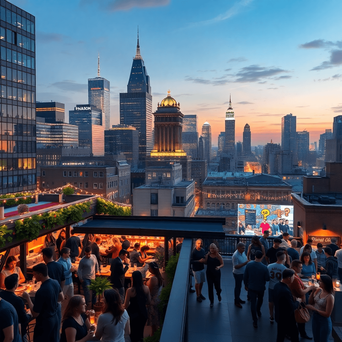 A lively rooftop bar in Philadelphia at night, featuring skyline views, twinkling lights, and people mingling against a backdrop of a bustling stre...