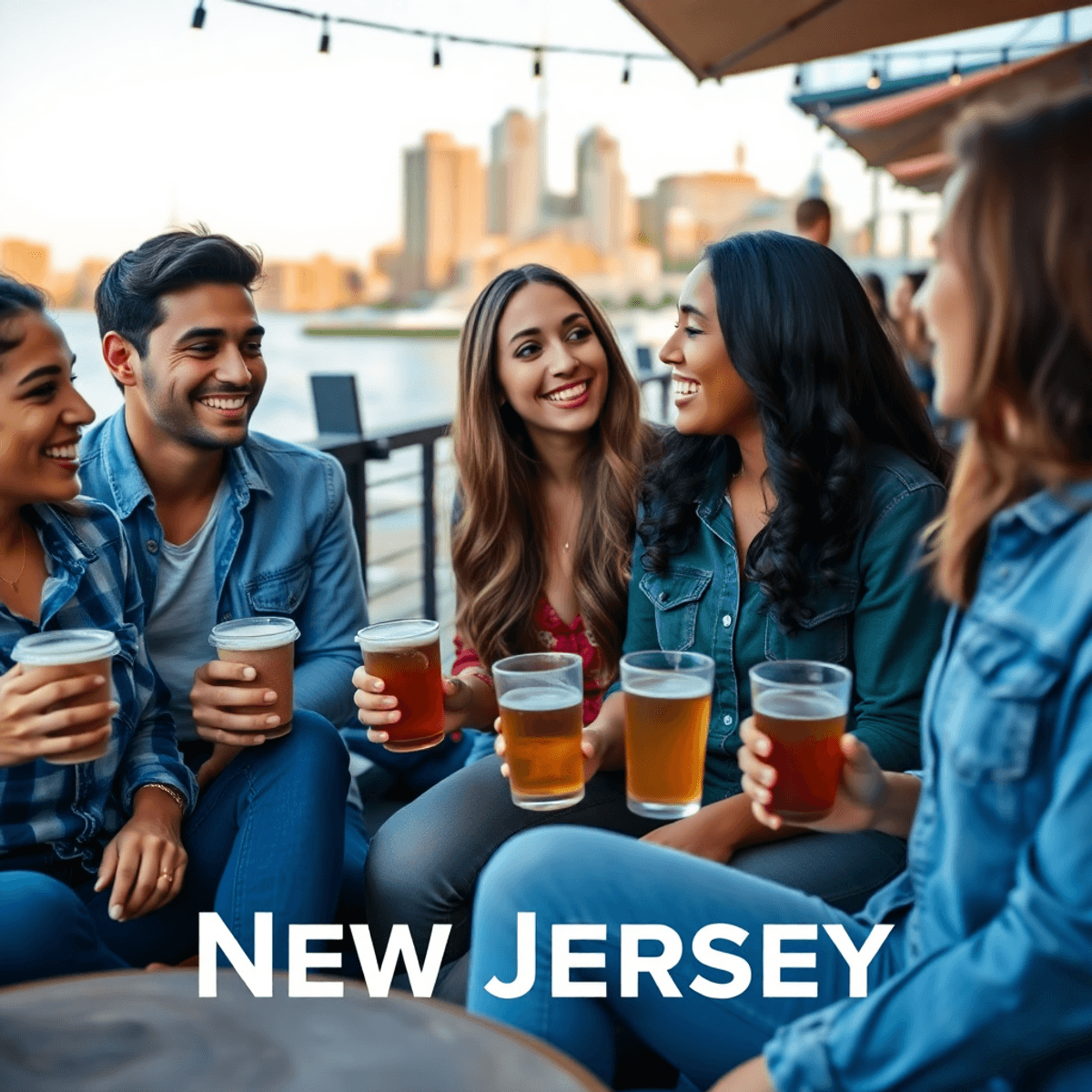 A lively outdoor gathering of young singles enjoying coffee and craft beers by a picturesque waterfront, smiling and engaging in conversation, embo...